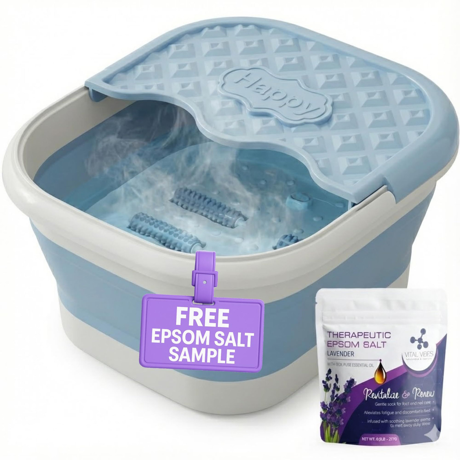 Vital Vibes Collapsible Foot Spa Bath Massager – Large, Light Blue & White