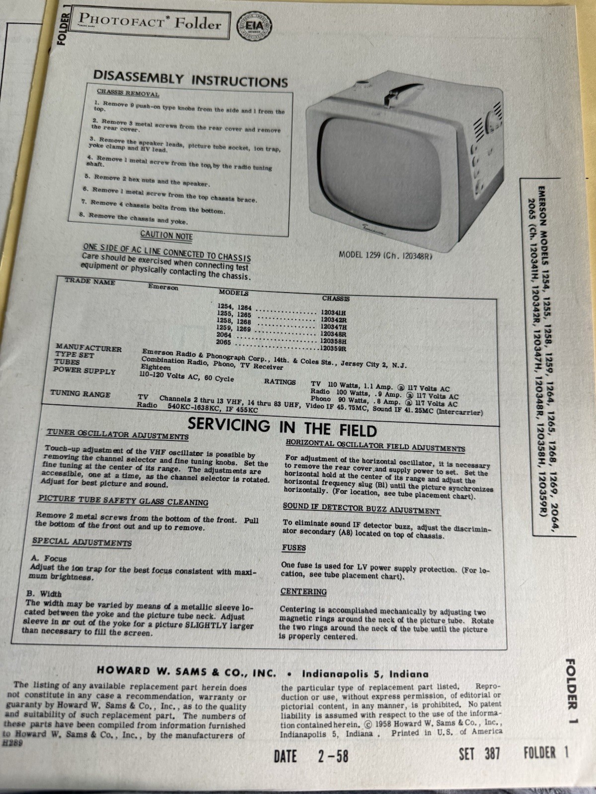 SAMS Photofact Set 387 Folder 1 Emerson Models 1254-2065 TV Service Manual