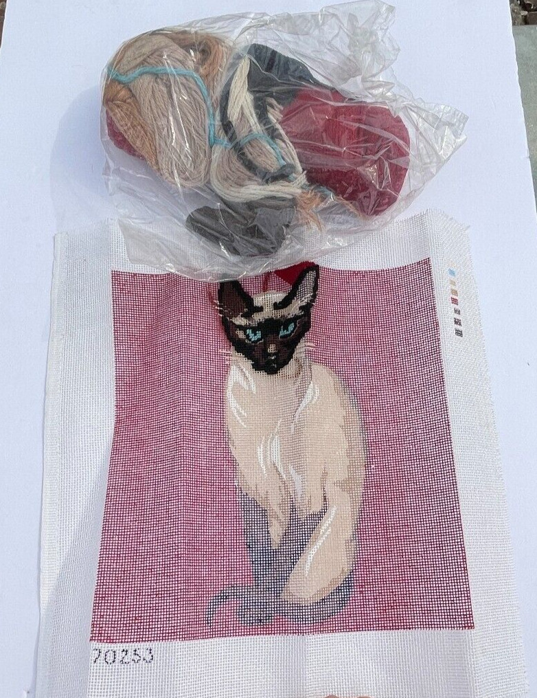Vintage Needlepoint Canvas Pattern Siamese Cat Unfinished With Wool 11.5 x 11.5