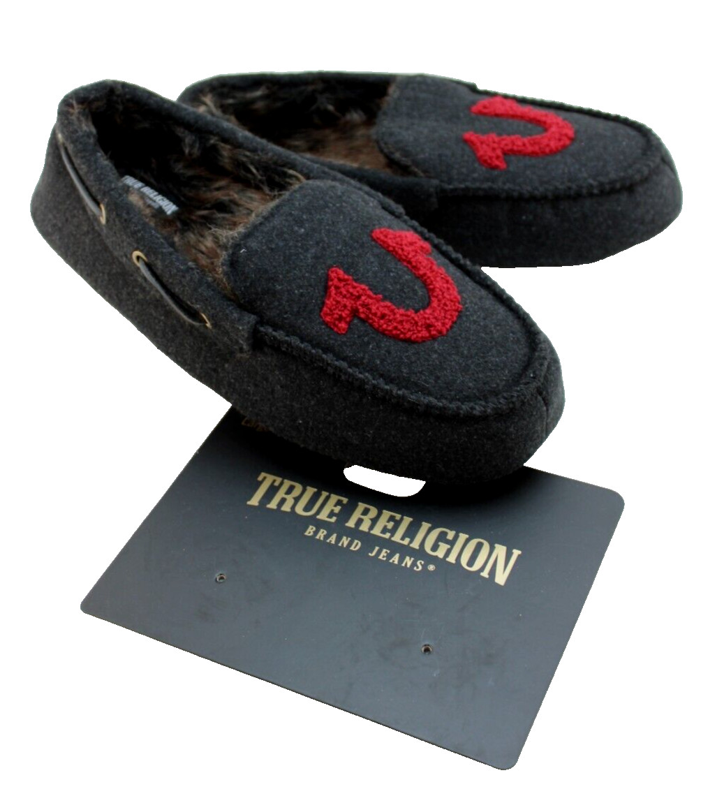 TRUE RELIGION Size 7-8 Black / Red Logo Faux Fur Lined Men's Moccasin Slippers