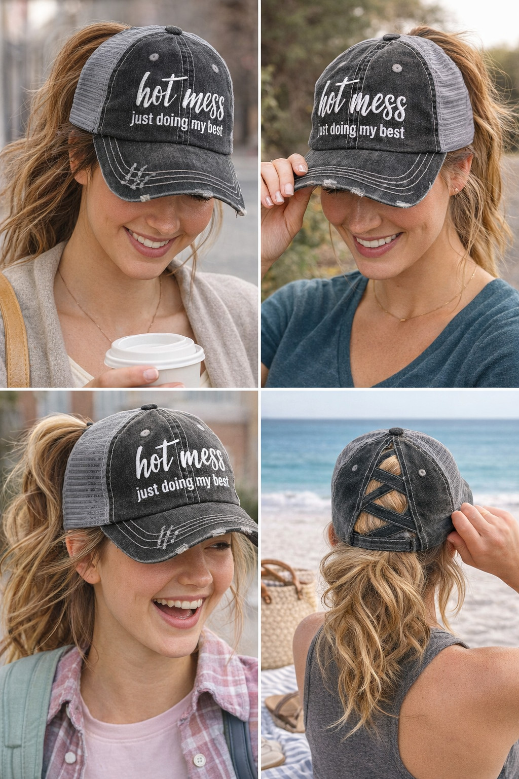 Hot Mess Just Doing My Best Ponytail Hat – Distressed Criss Cross Baseball Cap w