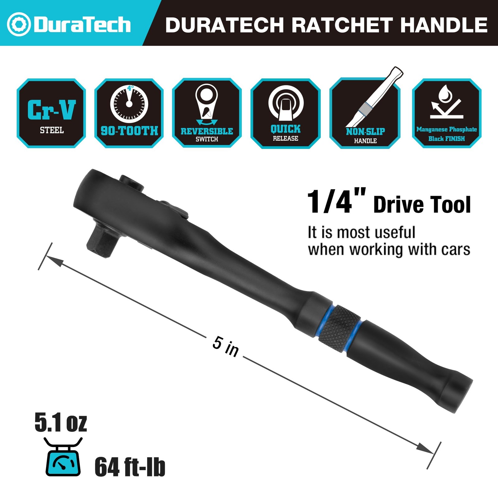 DURATECH 1/4'' Drive Ratchet 90-Tooth Quick-Release Ratchet Wrench Cr-V Made