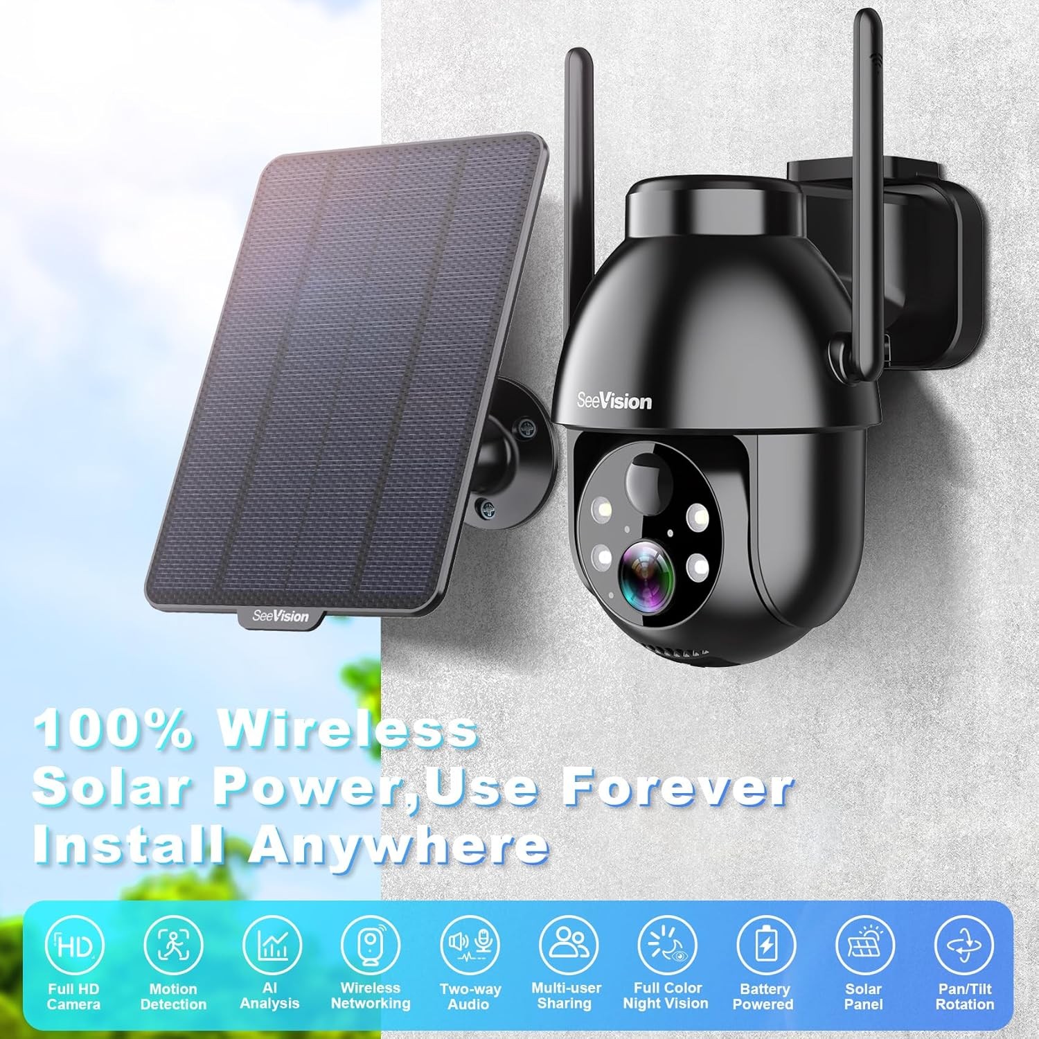 Solar Security Cameras Wireless Outdoor, 2K PTZ WiFi 3MP Indoor Security Camera