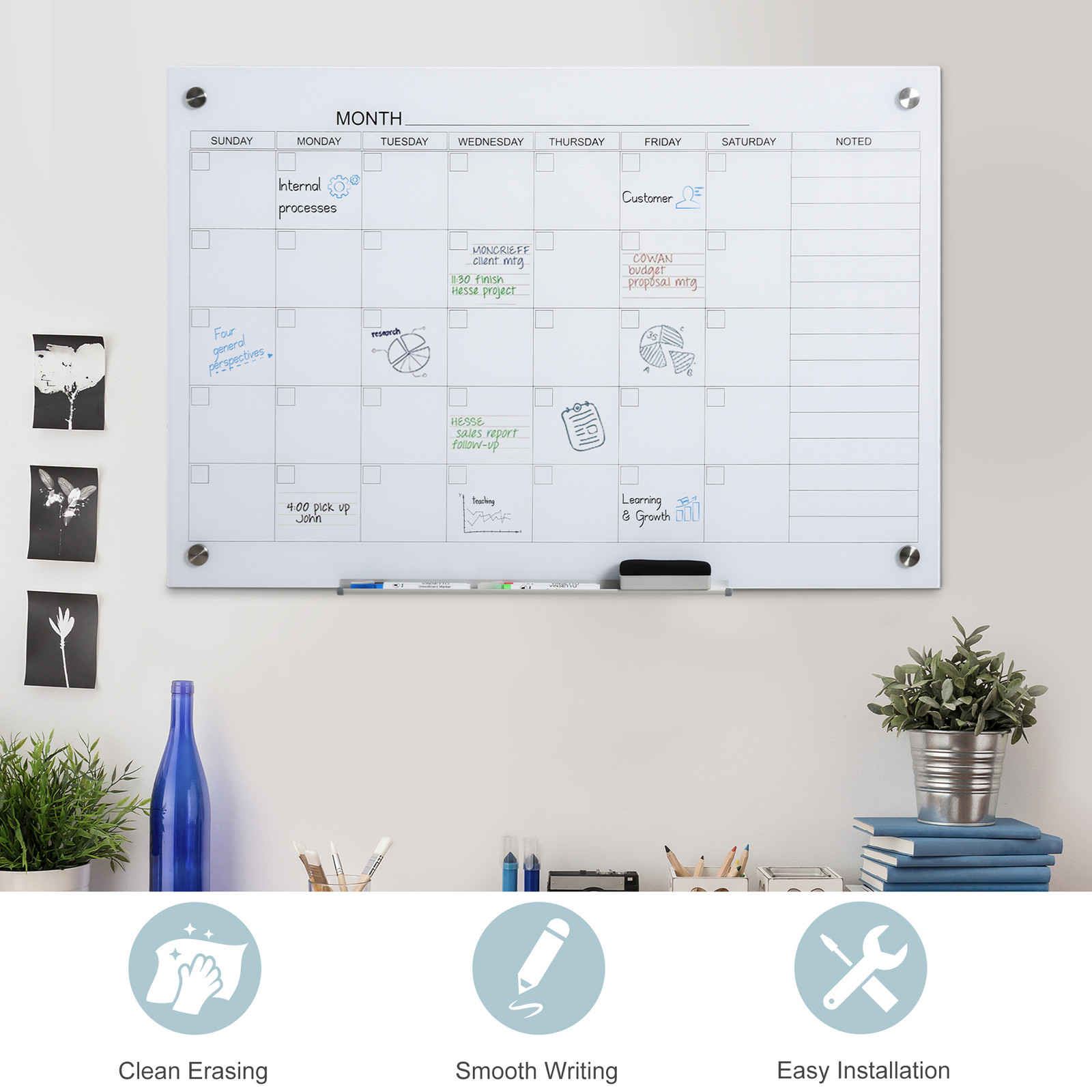 Wall Mounted Glass Organizational Daily Activity Board w/Markers and Dry Eraser