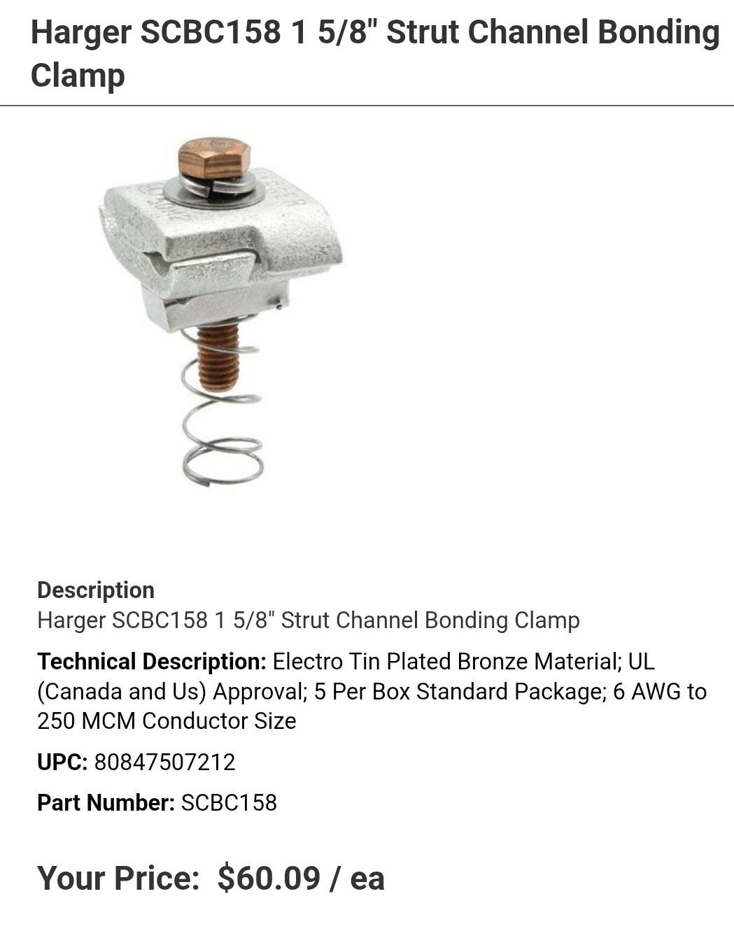 Harger SCBC158 Strut Channel Bonding Clamp 1-5/8 6AWG-250MCM Grounding Unistrut
