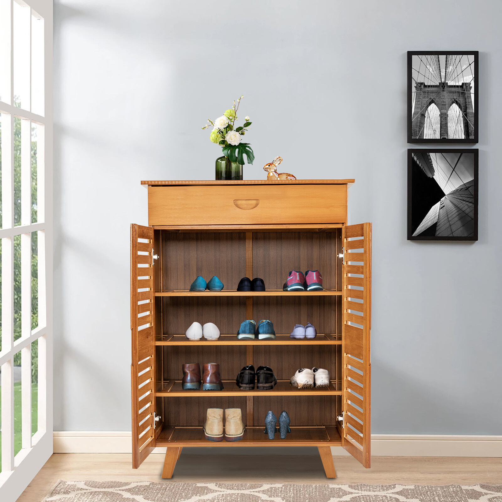 4-Tiers Bamboo Shoe Cabinet Entryway Hallway Rectangular Shoe Storage Cabinet
