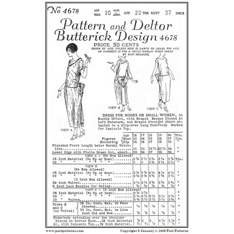 Past Patterns 4678 - Early 1920s Dress with Bustle Sewing Pattern bust 37"