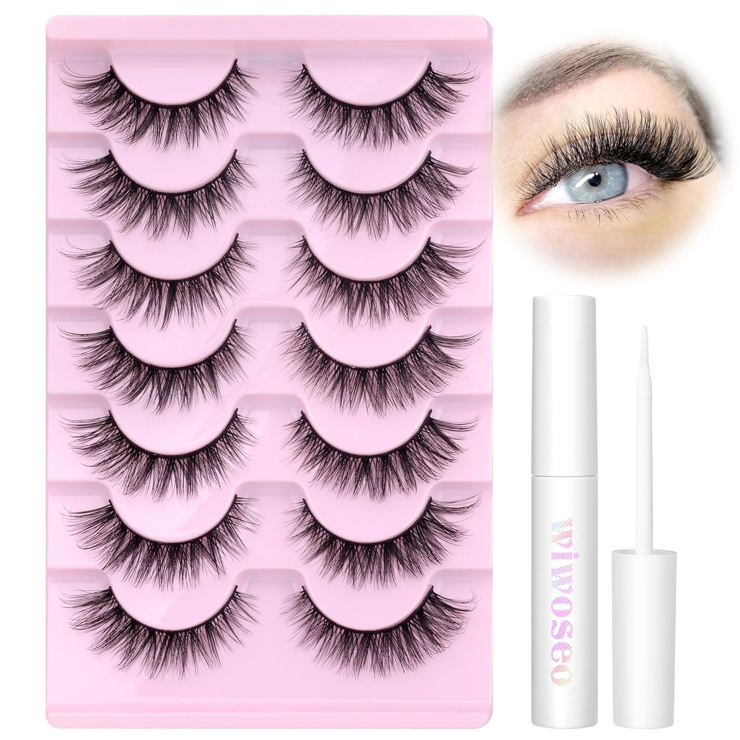 "False Eyelashes with Lash Glue Cat Eye Lashes Kit : 7 PAIRS OF LASHES with Glue