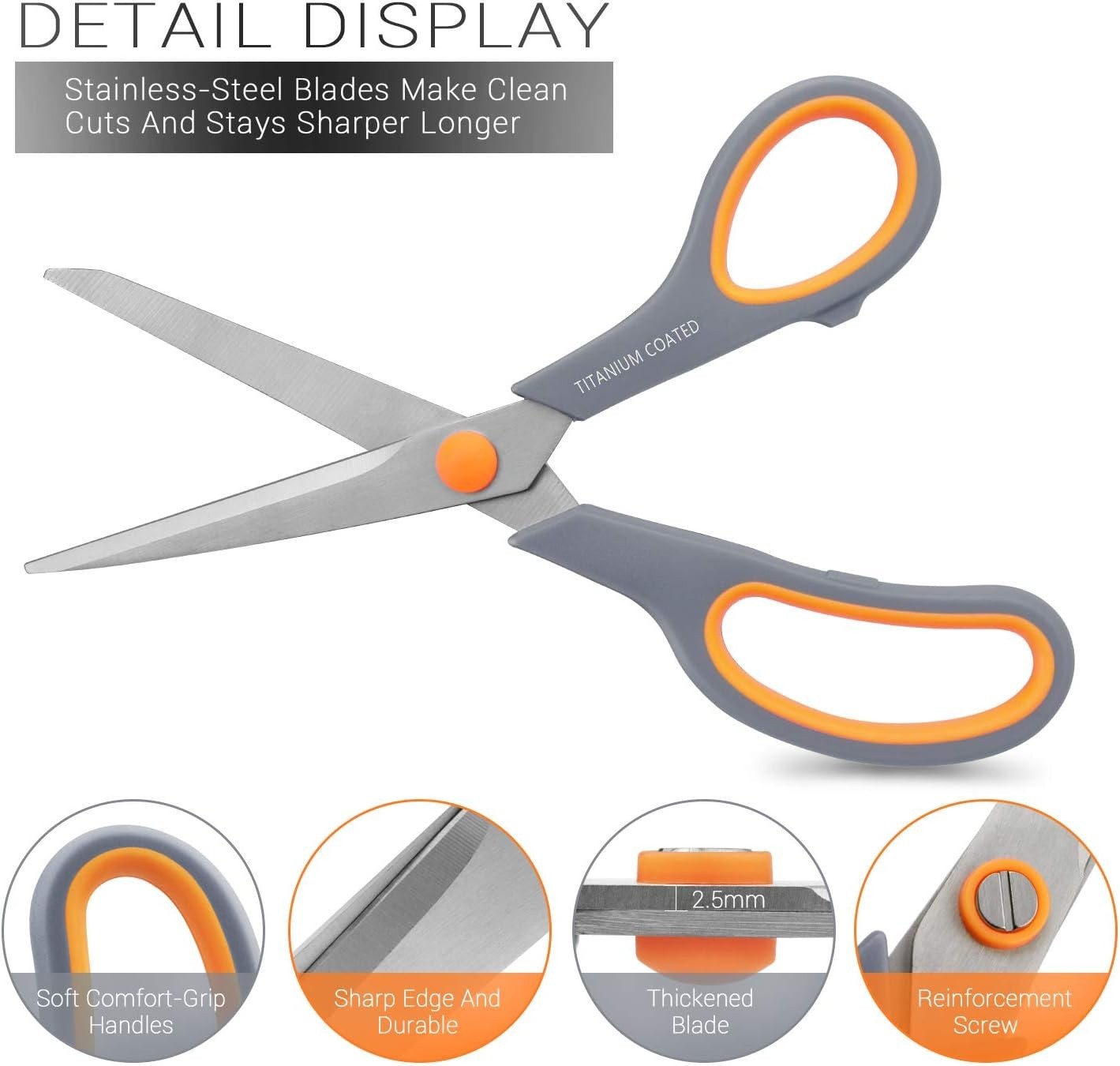 Ergonomic 8-Inch Titanium Coated Scissors, Sharp and Versatile for Every Project
