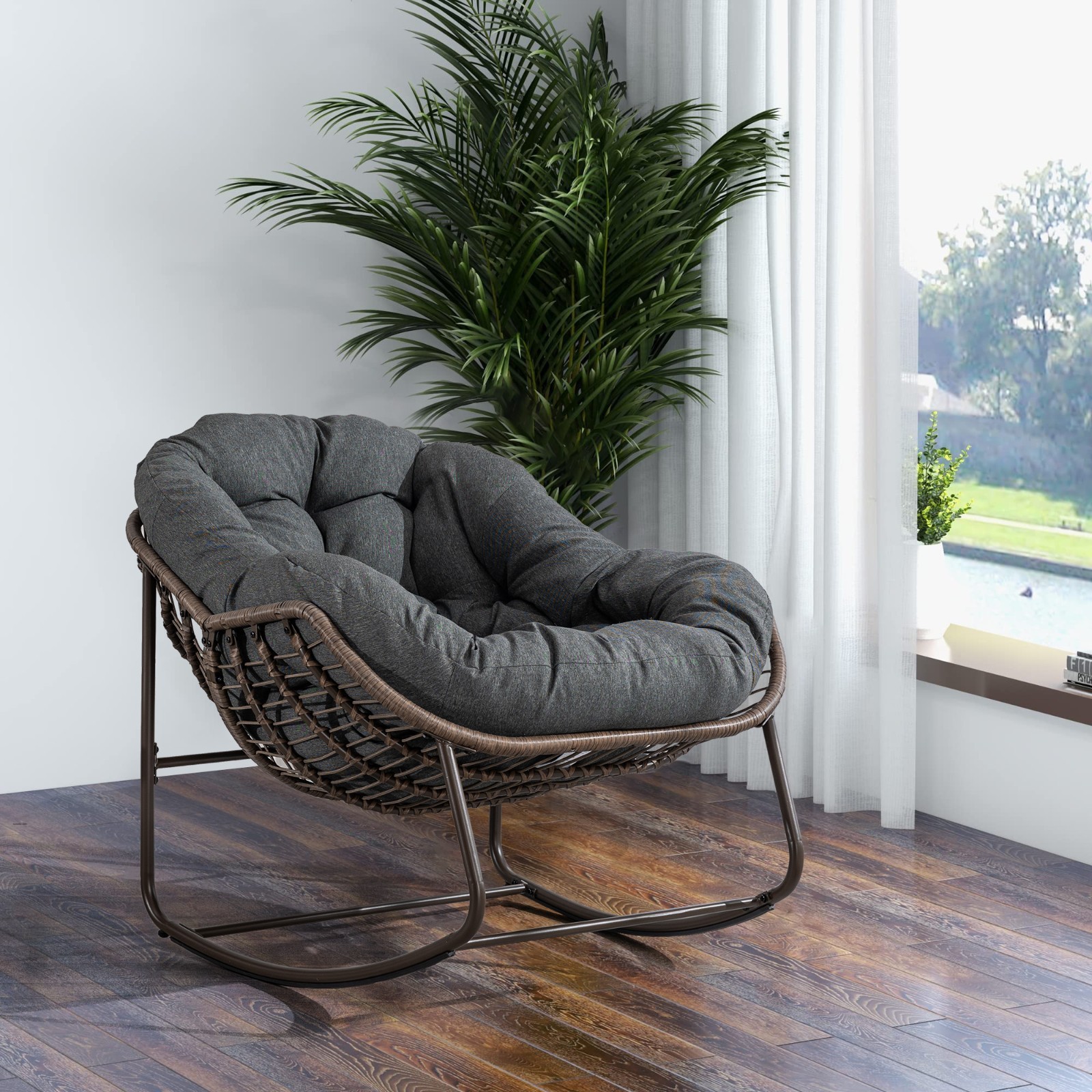 Outdoor Rattan Rocking Chair with Cushion Papasan Rocking for Living Room, Garde