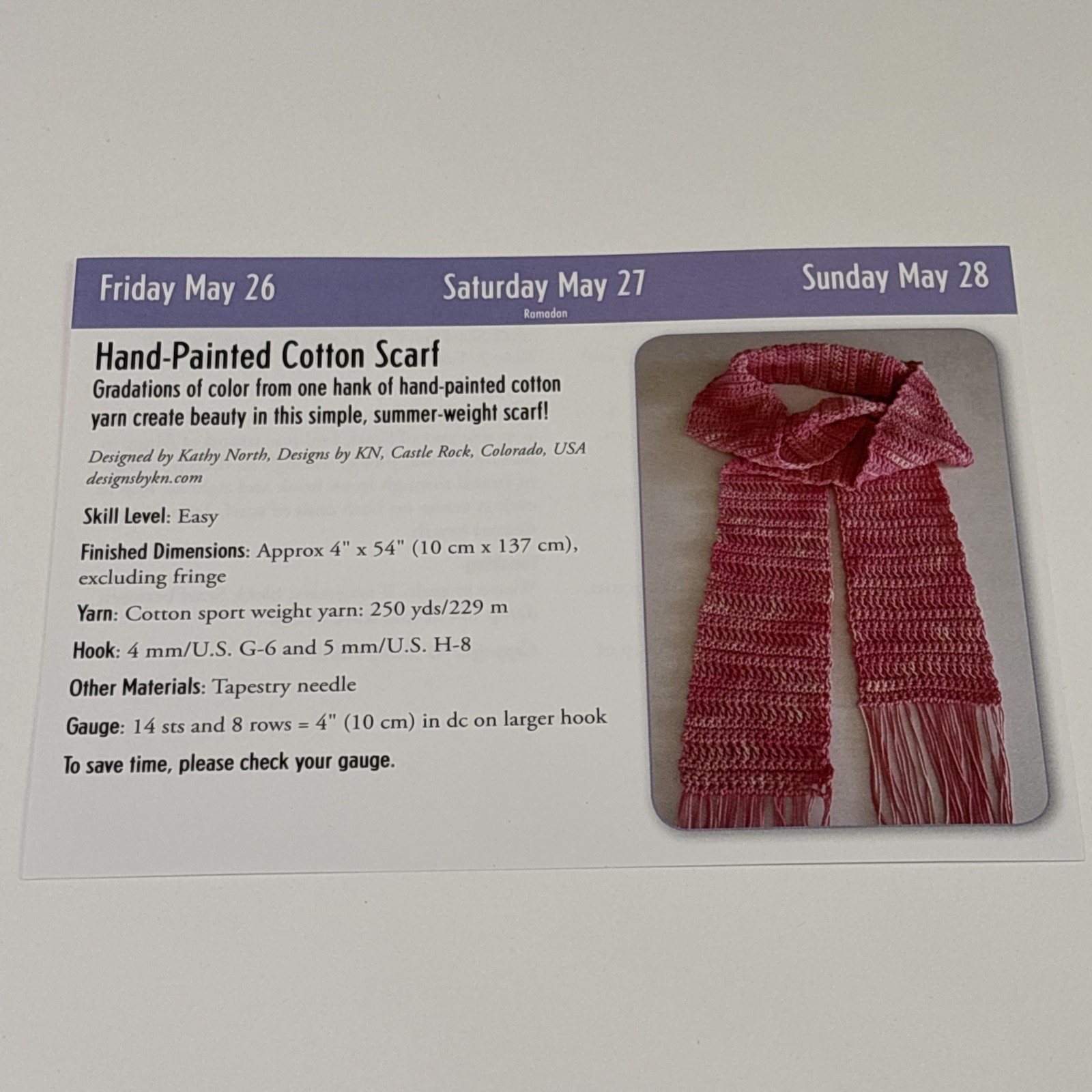 Hand Painted Cotton Scarf Crochet Pattern Card Page