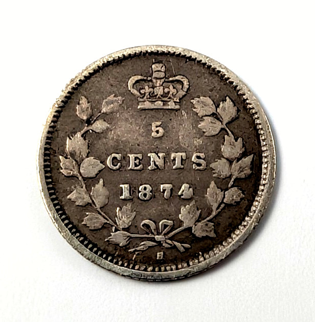 CANADA 1874 H Crosslet '4' Silver 5 Cents Victoria Fine F Condition