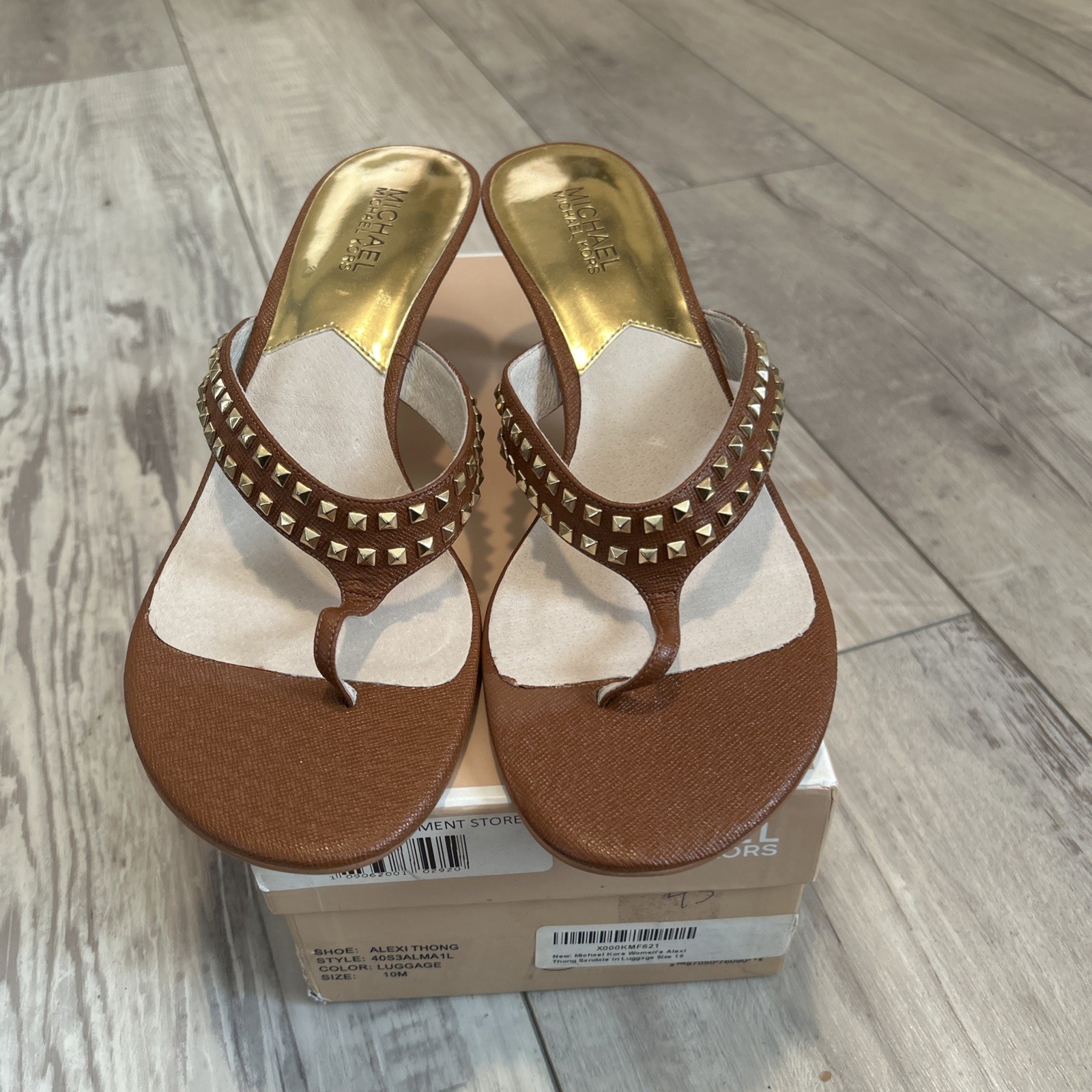 Michael Kors Shoes Heels Sandals Studded Thong Alexi Luggage Women's Size 10M