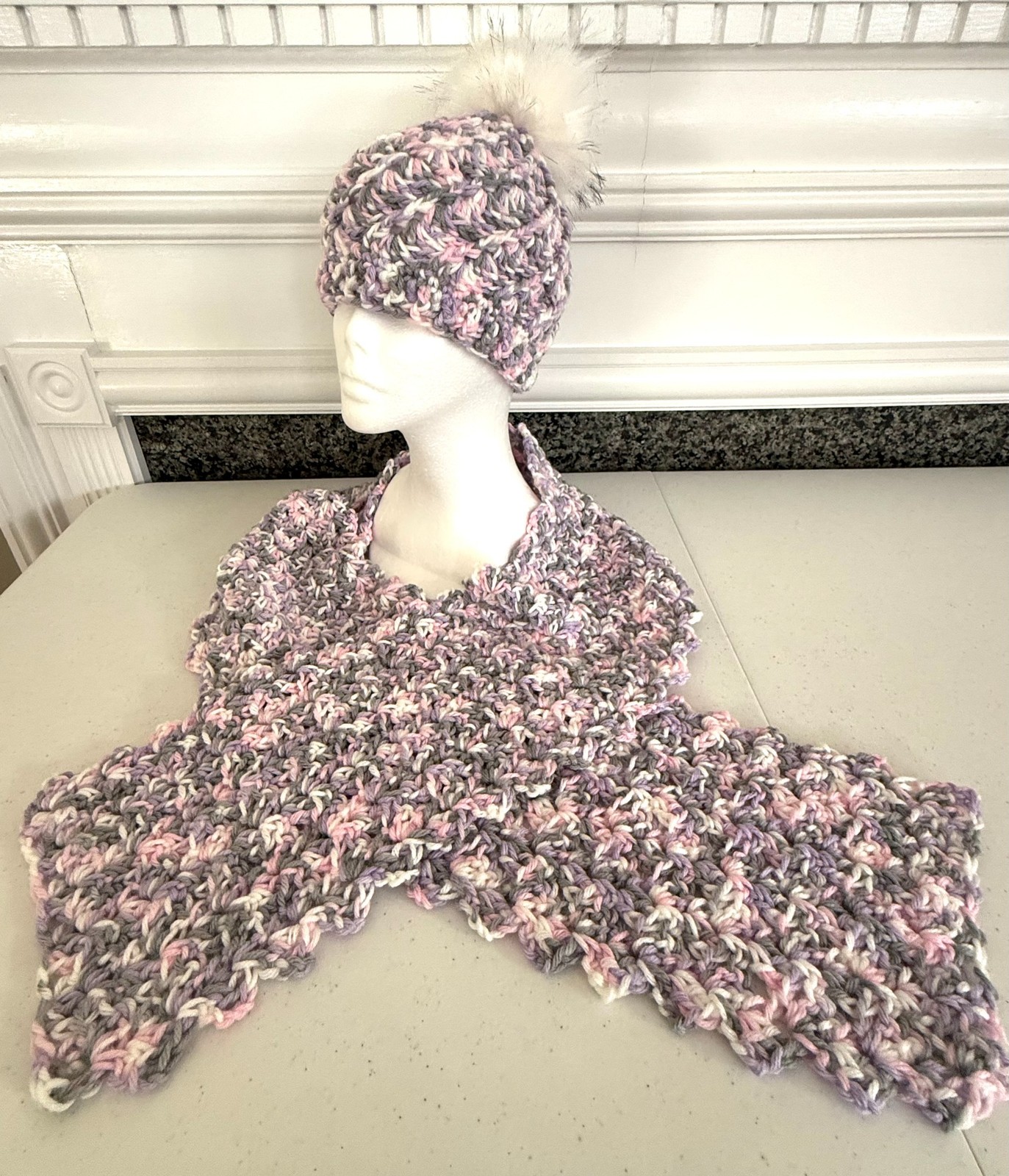 Handmade Crochet Women Acrylic Shell Beanie Hat Scarf SET Multicolor Pink Gray