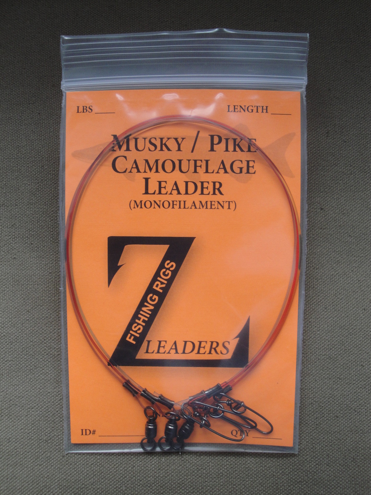 (3-Pack) MUSKY / PIKE CAMOUFLAGE MONOFILAMENT LEADERS (BEARING SWIVEL) MUSKIE