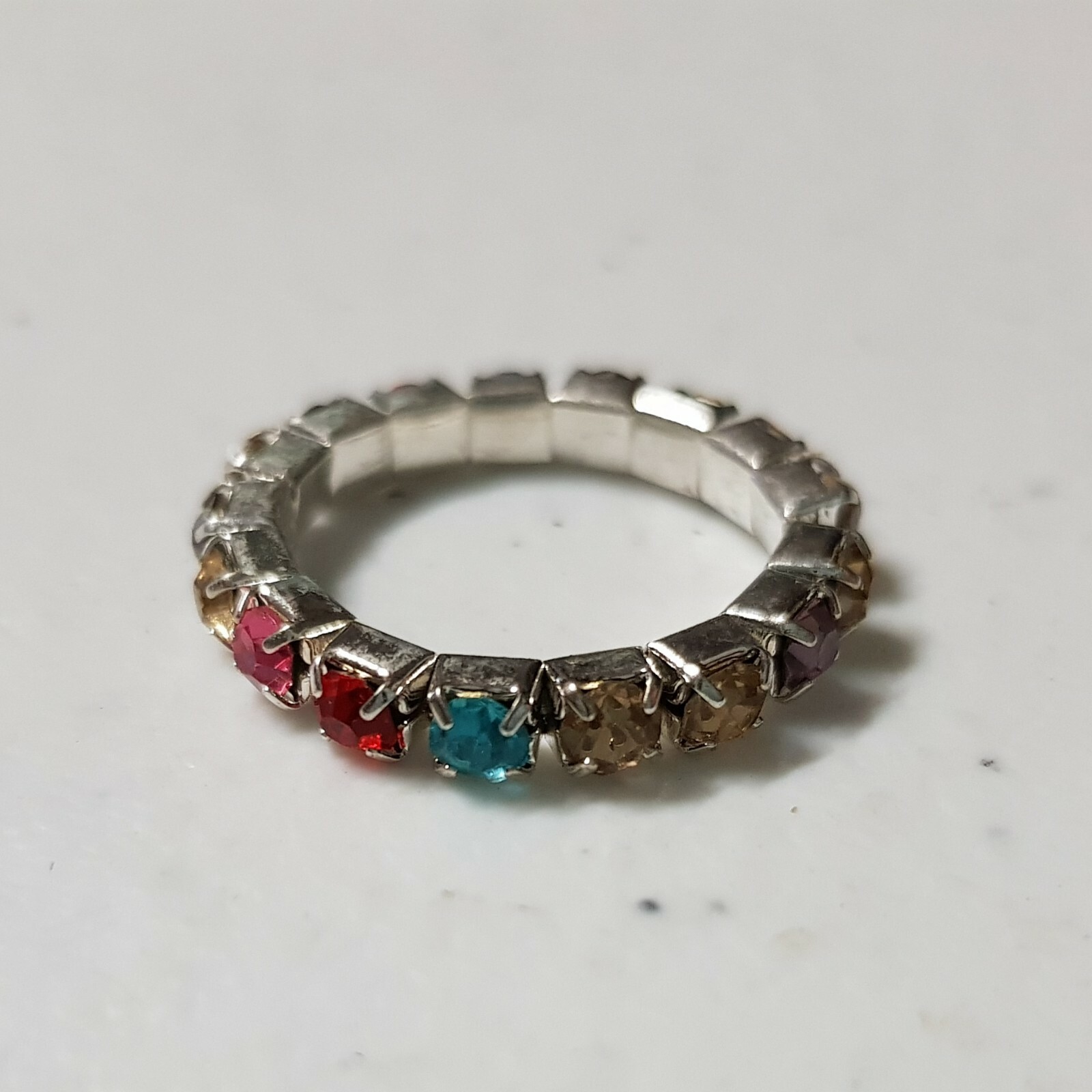 Ring - Rainbow Colourful Stretchy Silver Sparkle Rhinestone Toe Stretch Elastic