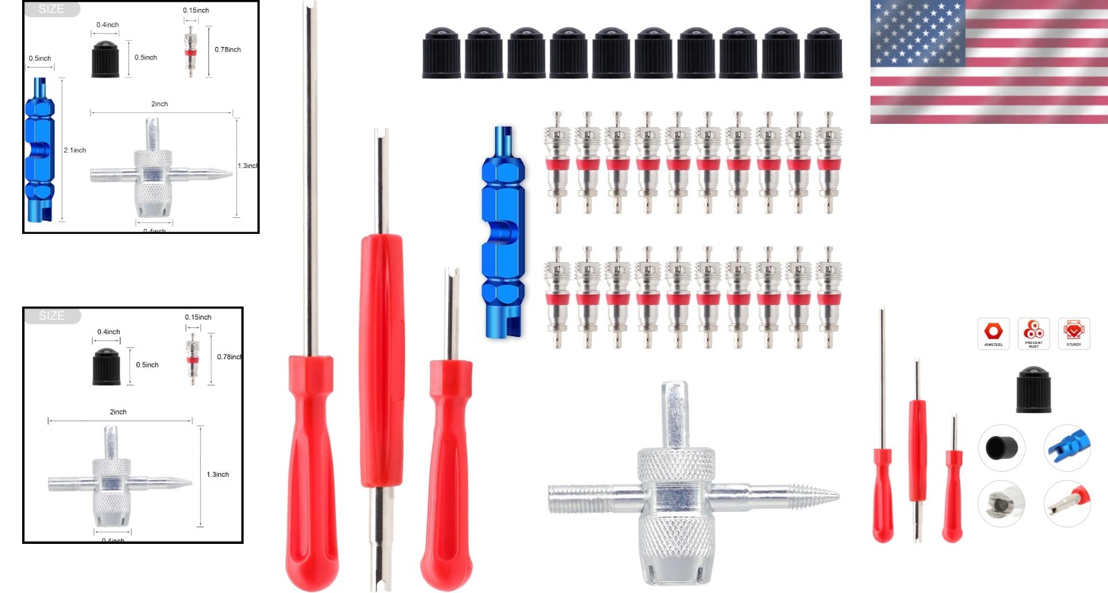 Universal Valve Stem Tool Set - 20 Valve Cores, 10 Caps & 4-Way Tool Feature