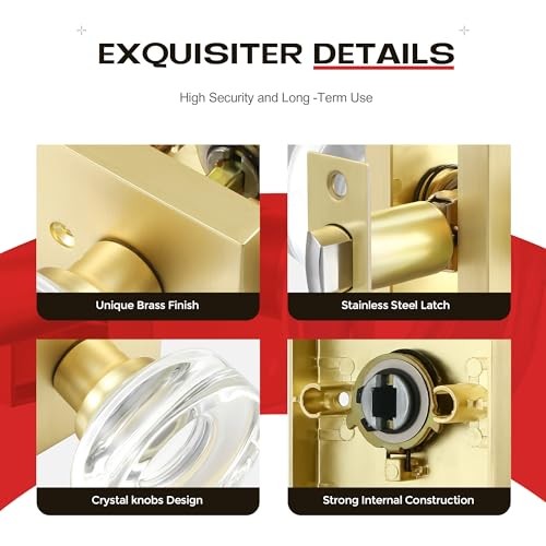 Door Knob,Round Glass Door Knobs Interior Modern Classic 1 Pack Gold Passage