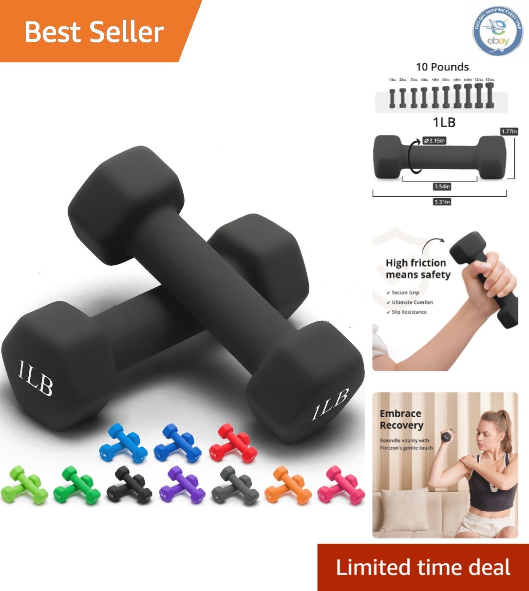 Versatile Hex-Shaped Neoprene Dumbbells, 2-Piece Set in 10 Colors, 1-15 LB Range