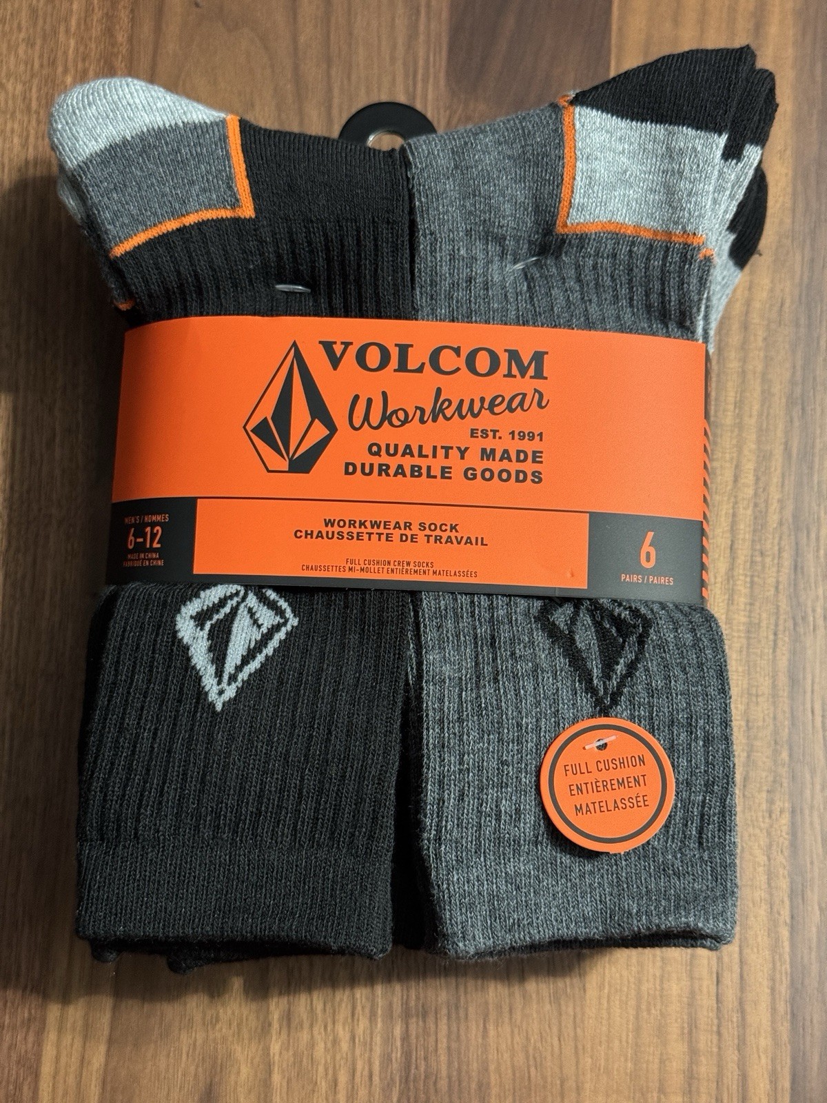 Volcom 6-Pack Workwear Active Full Cushion Ribbed Crew Cut Socks Mens 6-12 Black