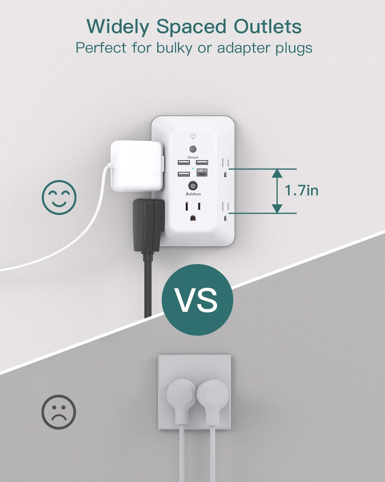 Surge Protector, Outlet Extender with Night Light, 1C3A-Standard, White