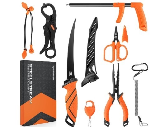 KastKing SteelStream 8pc Fishing Tool Kit - Fishing Pliers with Lanyard, Fillet