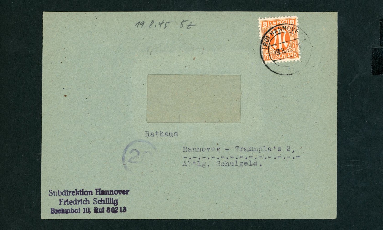 Allied occupation BiZone AM post single franking Michel number 5Z-Hanover