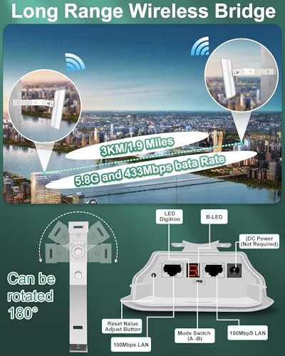 Wireless Bridge with 2 Bracket Mounts, 3KM 5.8G Outdoor Point to Point CPE for