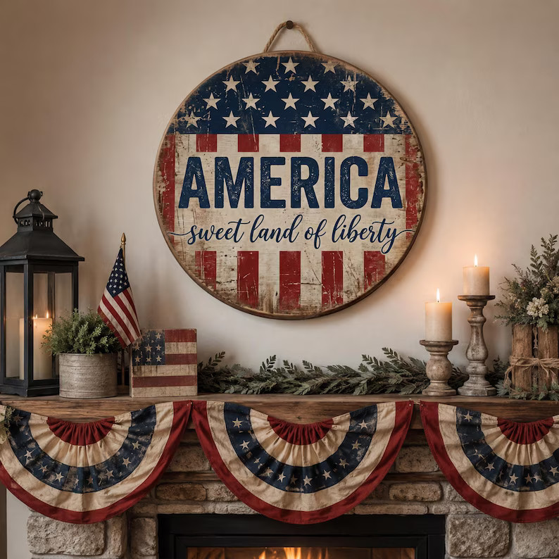 Vintage USA Flag America Wooden Sign with Rope