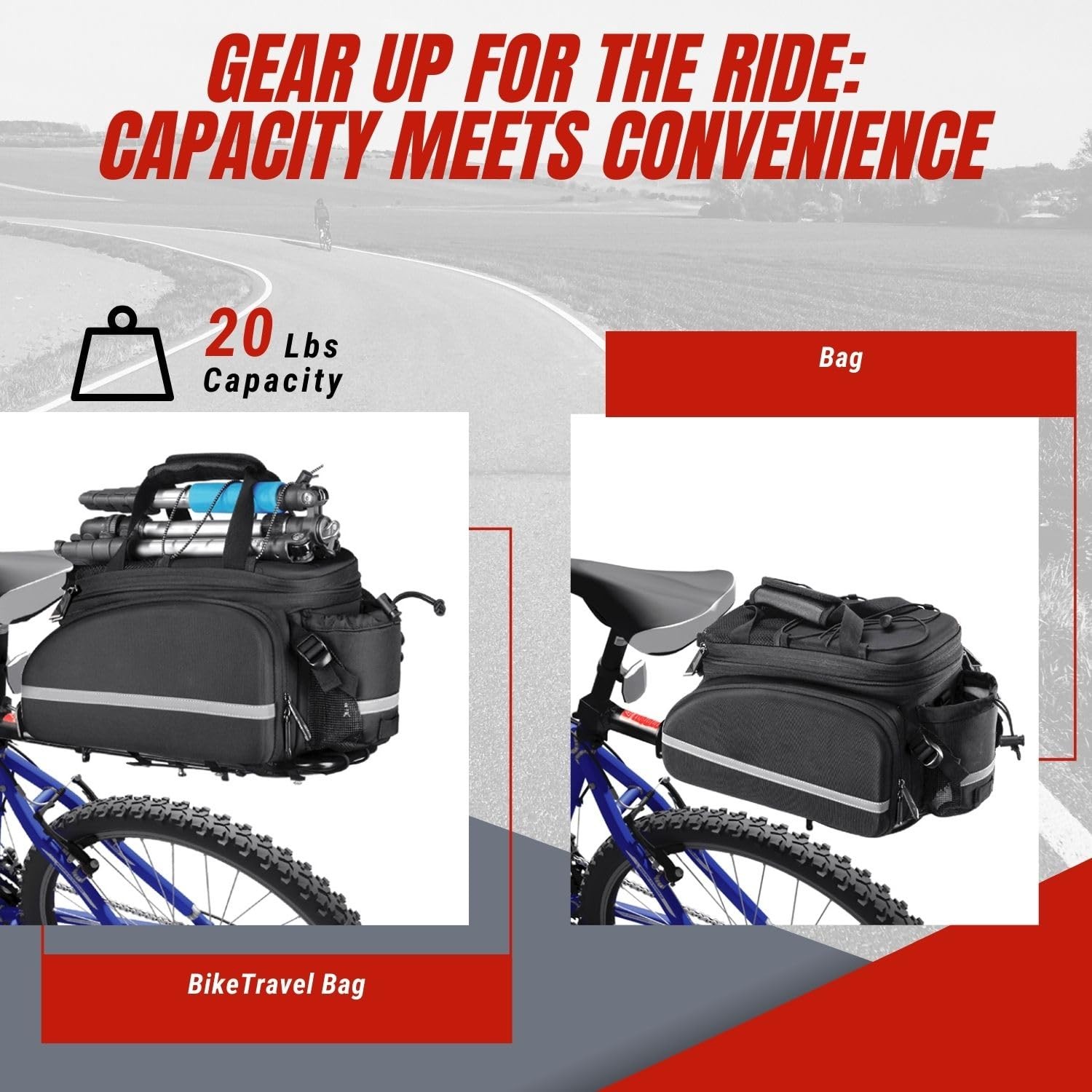 Adjustable Bicycle Carrier Rack, 20lb Capacity, Black - Back Bike Cargo Rack,...