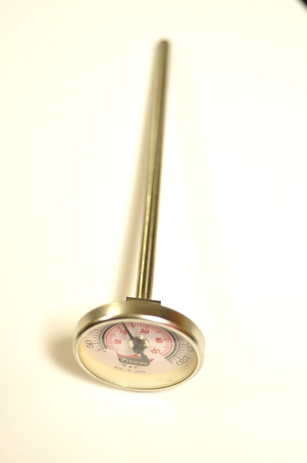 Premier 1 5/8" diameter darkroom dial thermometer with 6" stem. Tested.