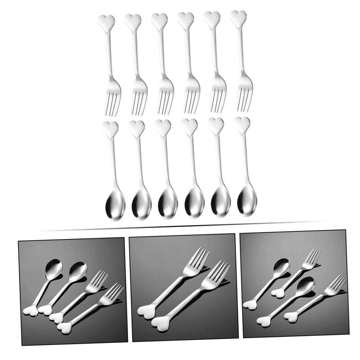 12 PCS Heart Shaped Appetizer Fork Spoons Silverware Set Dessert Fruit