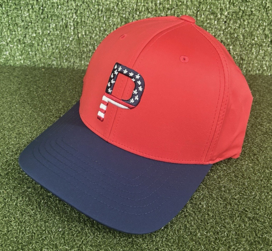 PUMA Pars And Stripes Snapback Golf Hat Club Candy Apple Deep Navy NEW