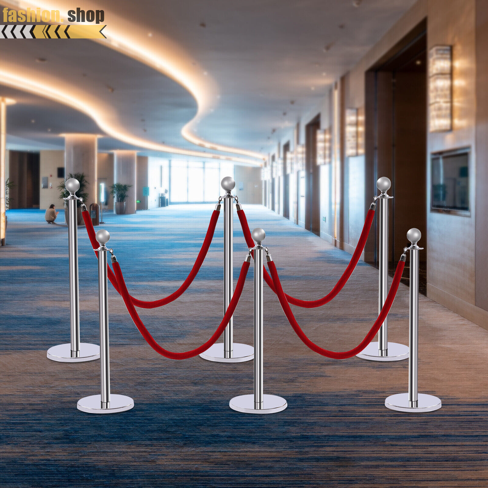 Golden 6Pcs Stanchion Posts with 4 Velvet Ropes Crowd Control Queue Pole Barrier