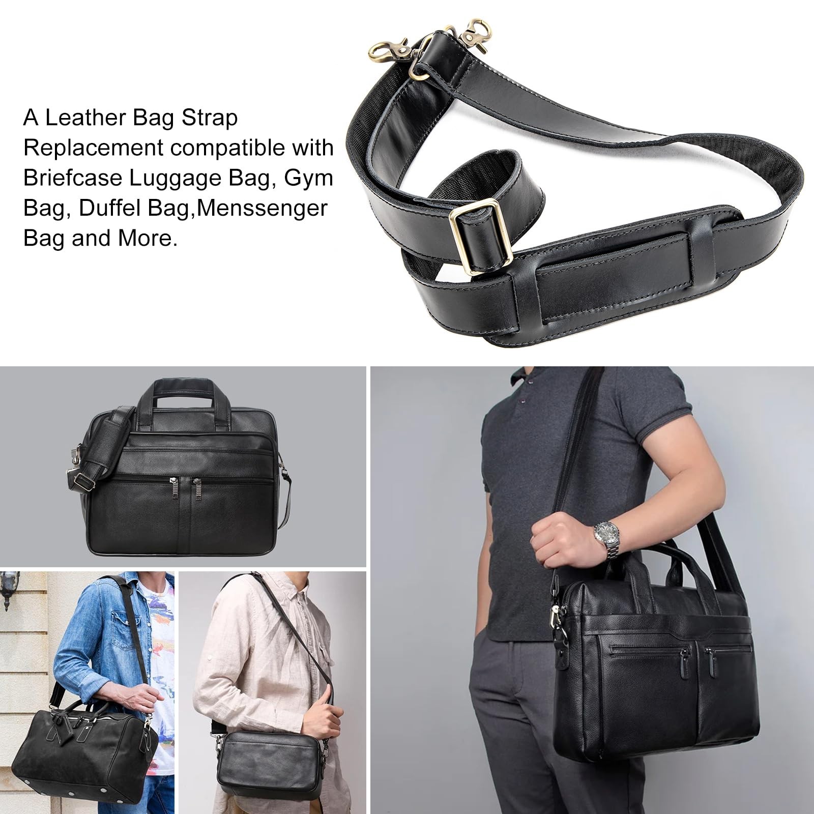 Enwaen Black Leather Bag Strap Replacement - Adjustable Shoulder Large,
