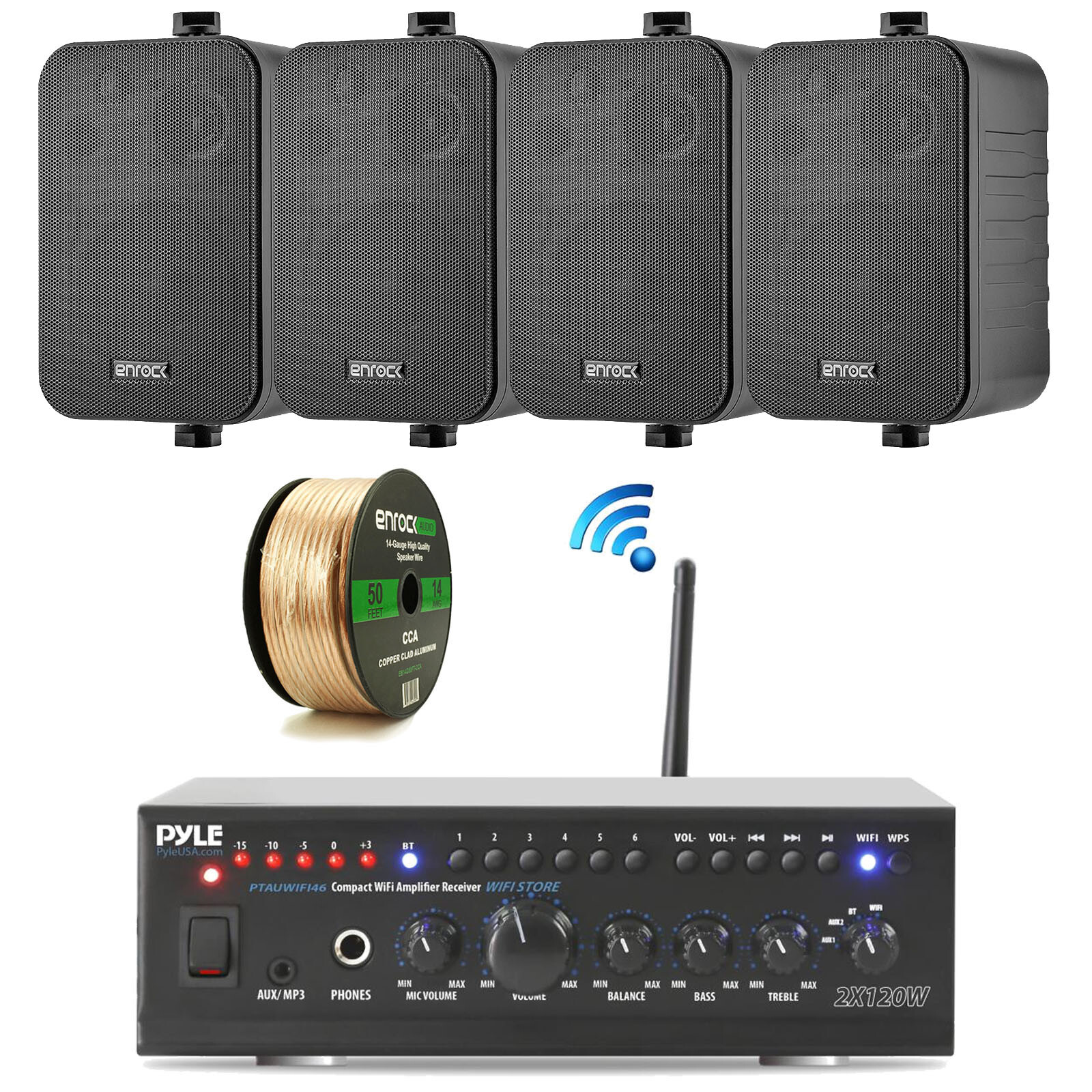 Pyle WiFi Bluetooth Stereo Amplifier, 4x Enrock 4" Box Speakers, Wire Bundle