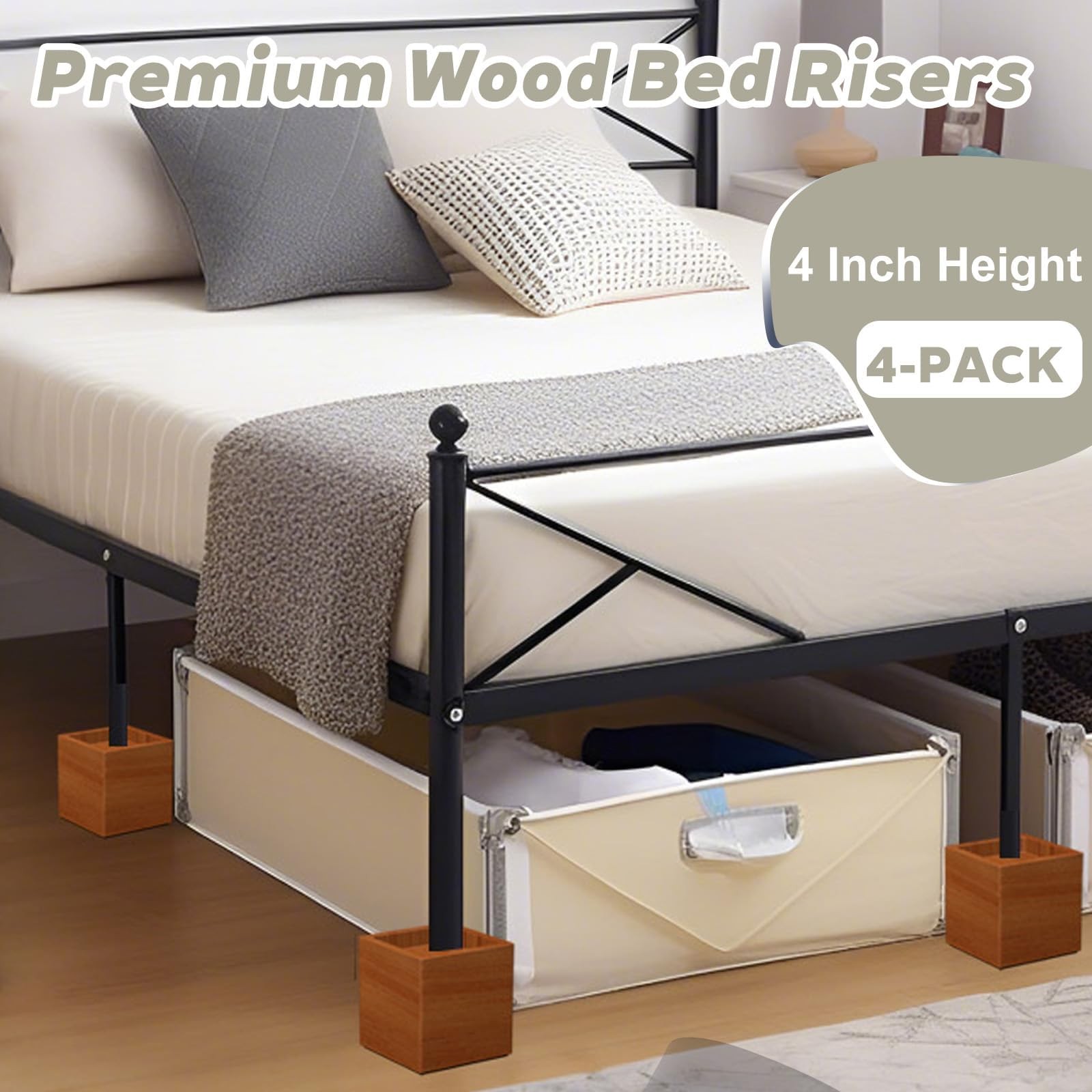 4-Inch Solid Pine Furniture Risers – 2000LBS Capacity, Tool-Free Install, Nat...