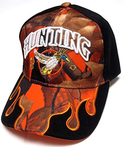 Duck Hunter Orange Camo & Black Flames Hunting Hat Cap Adult Men's (Style 1)