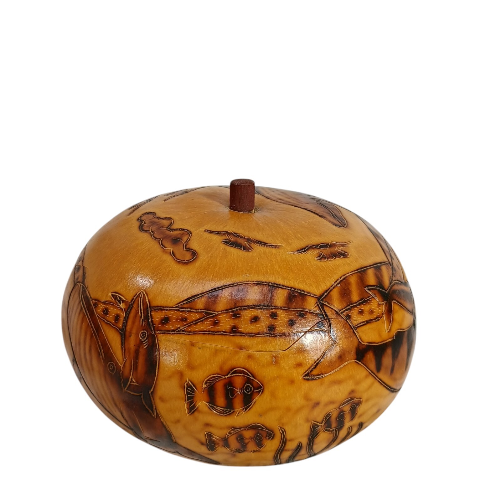Peruvian Style Hand Carved Gourd with Lid Fish 5" Aquatic Theme