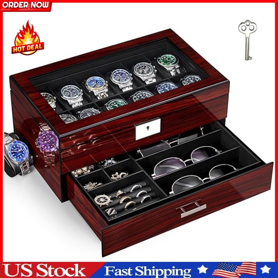 Watch Box 12 Slot Cases for Men with Large Lid Jewelry Storage 2-Tier Paint