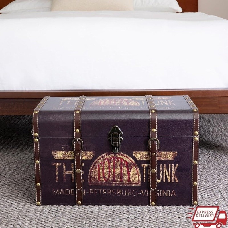 Vintage Storage Trunk Decorative Box Large Capacity W/ Leather Straps & Handles