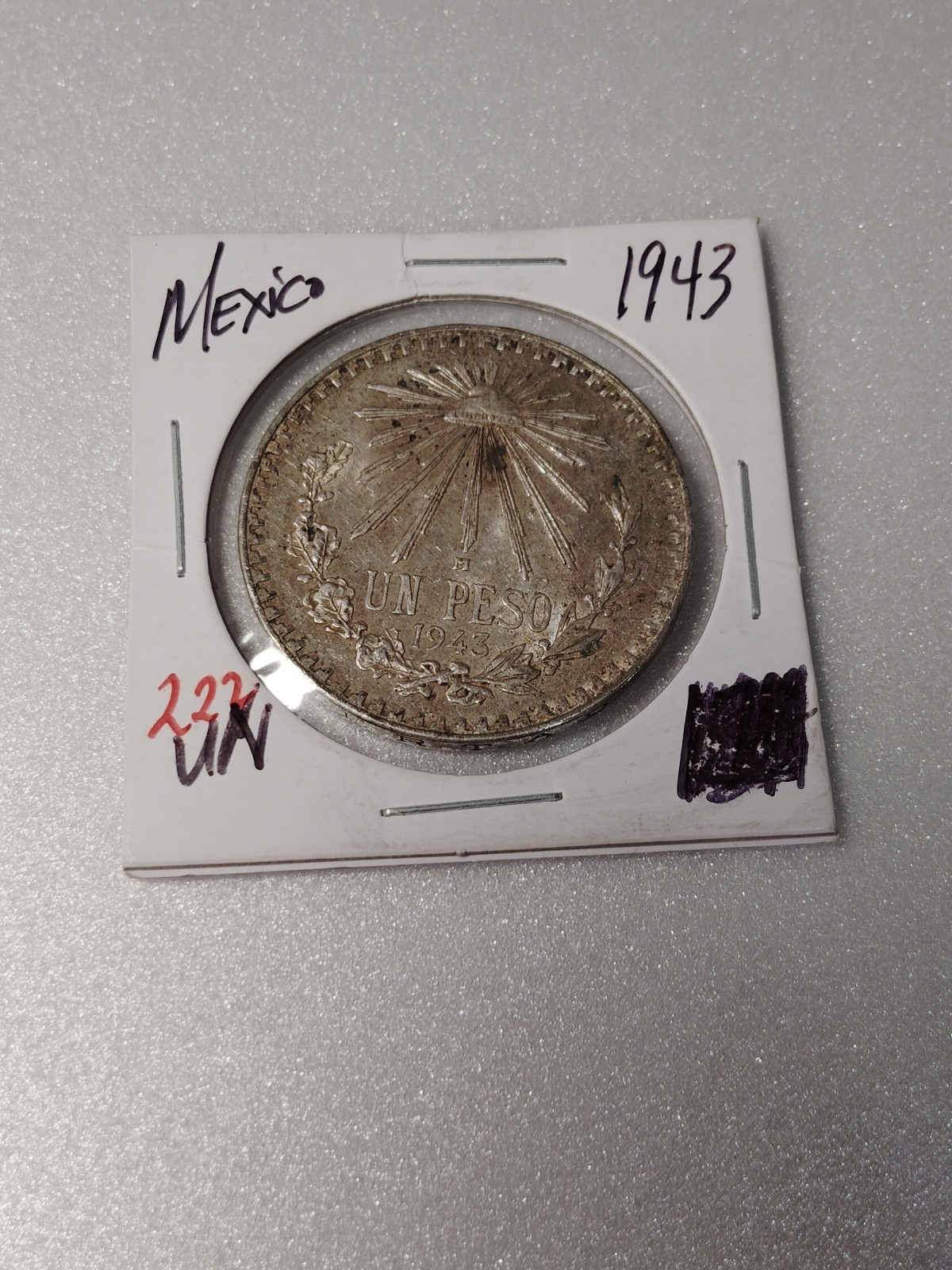 1943 Mexico Un Peso Cap and Ray .720 Silver Coin