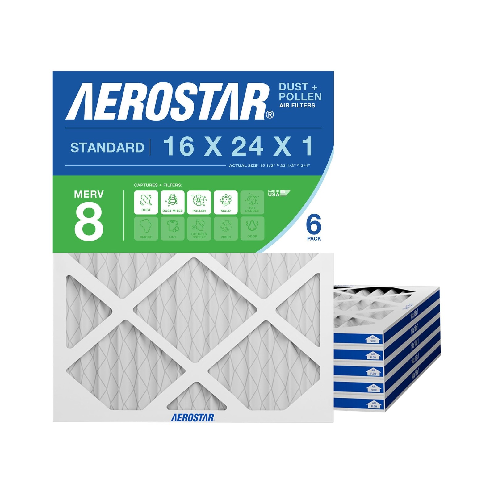 Aerostar 16x24x1 MERV 8 Air Filter, 6 Count, ACTUAL SIZE (15.75 x 23.75 x 0.7...