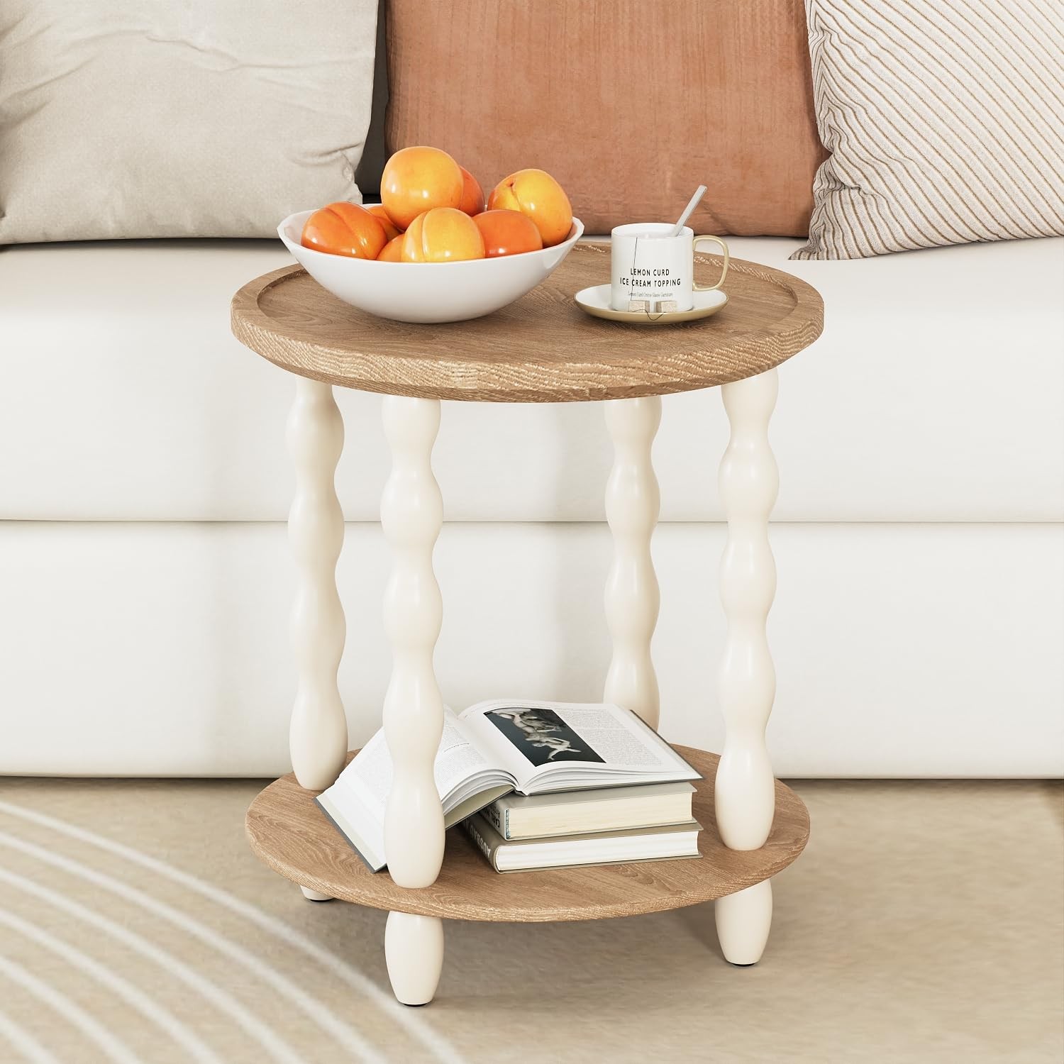 Round End Table, 2-Tier Farmhouse 18.5'' 18.5" Round, White