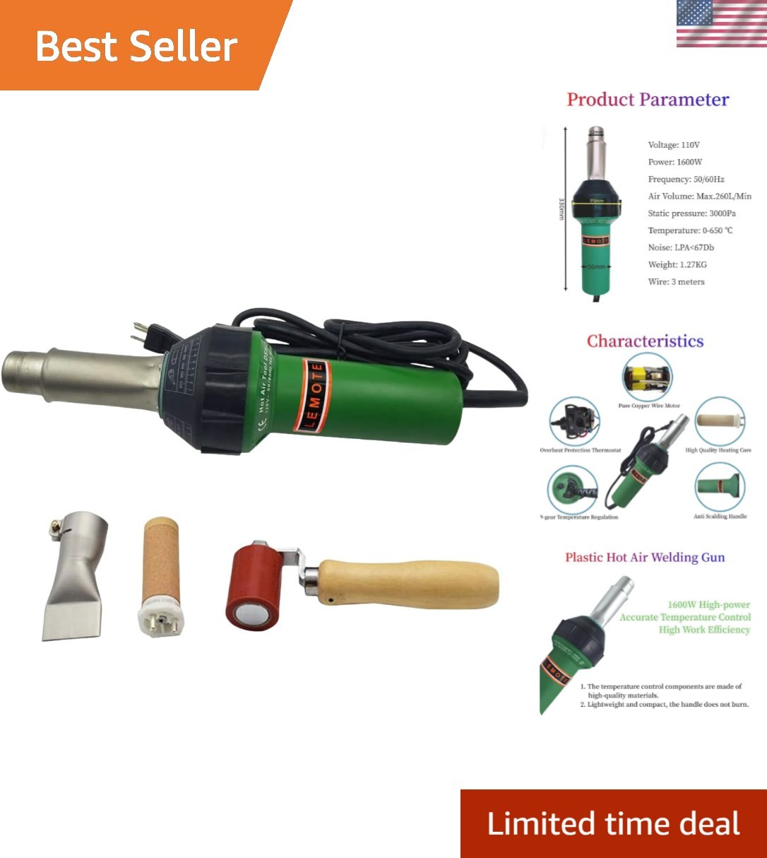 110V Hot Air Gun Welding Torch 1600W Heat Gun Plastic Welder Roofing Welder Kits