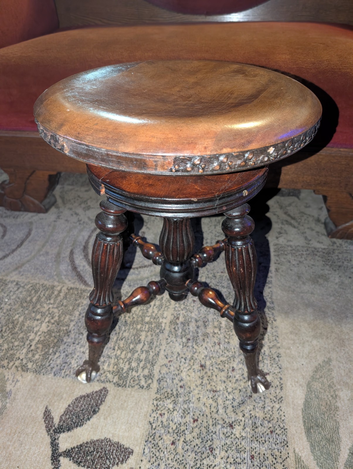 Piano Stool Marble Ball Claw Foot Wood Carved Antique Adjust Spin Seat 18 to 24”