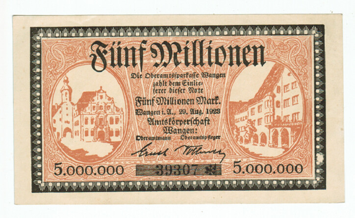 GERMANY BANKNOTE 5 MILLION MARK WANGEN 1923 AU