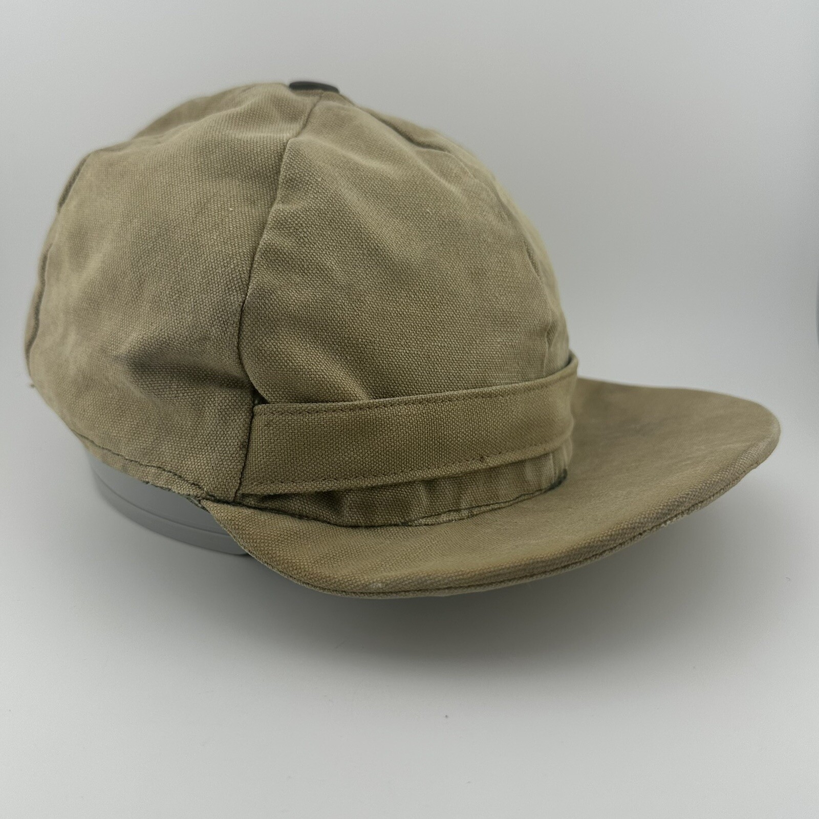 Vtg Tan Canvas Hunting Fitted Hat Fishing Beige Ear Flap Youth Cap 40s 50s