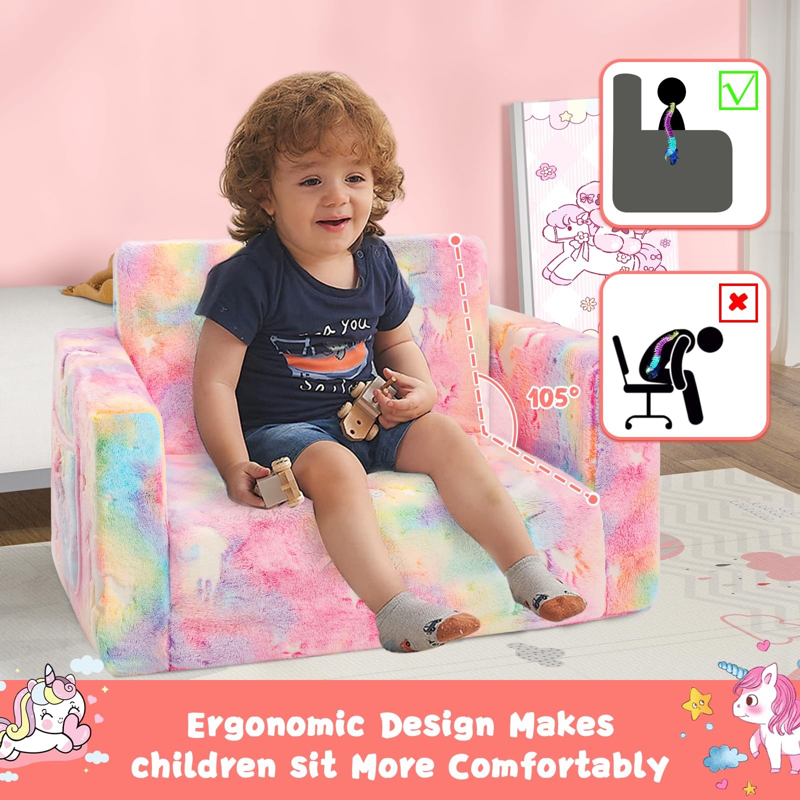 inhand Toddler Chair Comfy,2-in-1 Soft Toddler Couch Fold Out for Kids,Conver...
