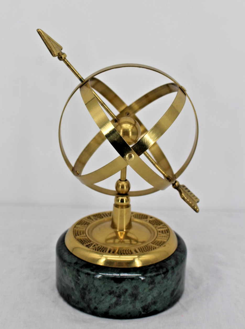 Brass Armillary Sphere Small Tabletop Decor Green Marble Base Roman Numerals